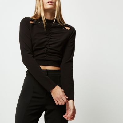 Black ruched cut out high neck crop top